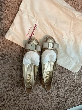Salvatore Ferragamo Gold Glitter Vara Bow Flats